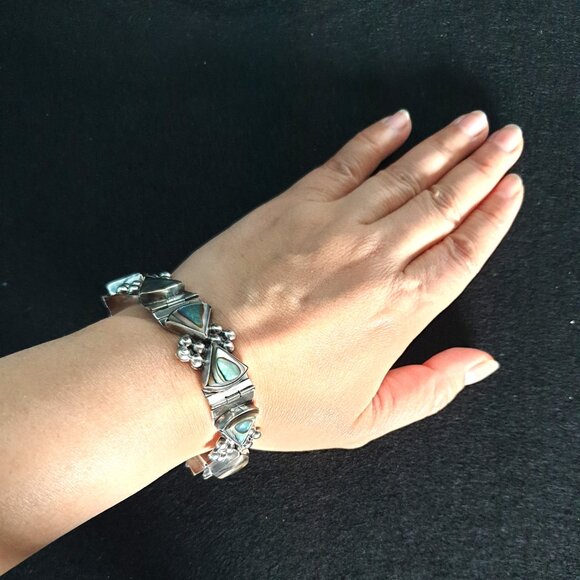 Bold Vintage Mexico Taxco 925 Sterling Silver Abalone Inlaid Statement Bracelet - Picture 6 of 16